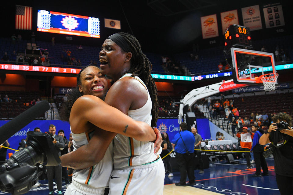 New York Liberty guard Betnijah Laney and forward Jonquel Jones celebrate after defeating the Connecticut Sun to advance to the 2023 WNBA Finals. (Photo by Erica Denhoff/Icon Sportswire via Getty Images)