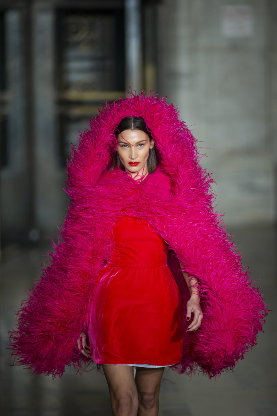 The Oscar De la Renta collection is modeled by Bella Hadid during Fashion Week, Monday, Feb. 10, 2020, in New York. (AP Photo/Eduardo Munoz Alvarez)