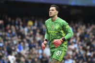 Manchester City's goalkeeper Ederson during the English Premier League soccer match between Manchester City and Luton Town at Etihad stadium in Manchester, England, Saturday, April 13, 2024. (AP Photo/Rui Vieira)