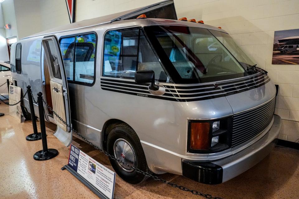 A 1986 Vixen Recreational Vehicle sits on display at the Pontiac Transportation Museum, Thursday, July 18, 2024. This Vixen was the original prototype and is a unique garageable motorhome.