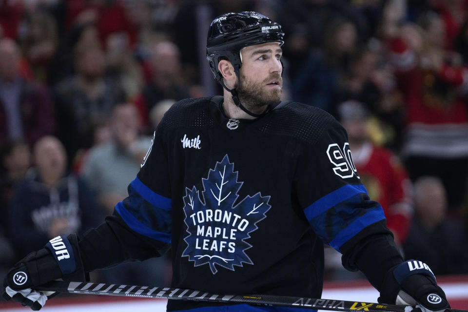 Toronto Maple Leafs center Ryan O'Reilly looks back after Chicago Blackhawks right wing Patrick Kane scored a hat trick during the second period of an NHL hockey game Sunday, Feb. 19, 2023, in Chicago. (AP Photo/Erin Hooley)