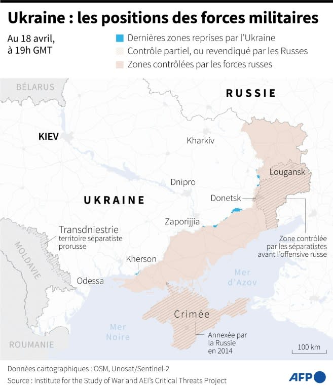 Carte des zones contrôlées par les forces ukrainiennes et russes en Ukraine au 18 avril 2024 à 19h GMT (Valentin RAKOVSKY)