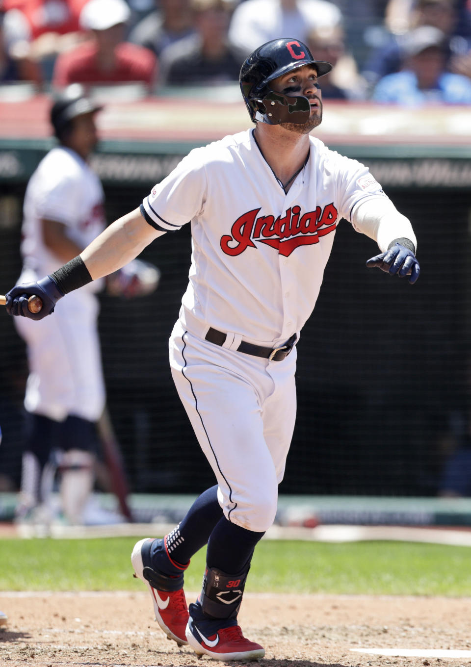 Cleveland Indians' Tyler Naquin watches his ball after hitting a solo home run in the fourth inning in a baseball game against the Kansas City Royals Wednesday, June 26, 2019, in Cleveland. (AP Photo/Tony Dejak)