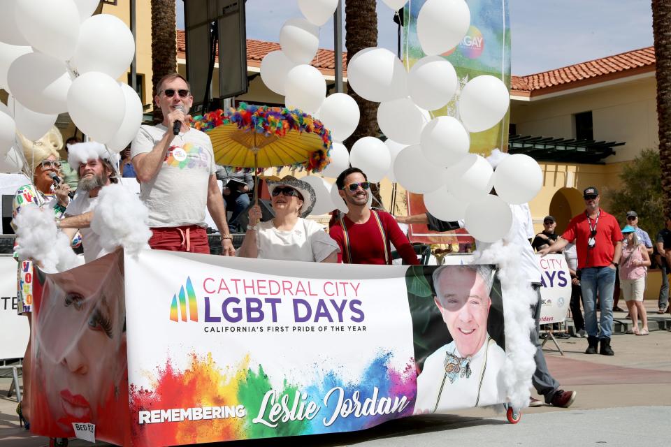 Film director and playwright Del Shores speaks about the late actor Leslie Jordan while competing in the annual Bed Race and Parade during Cathedral City LGBT Days in 2023.