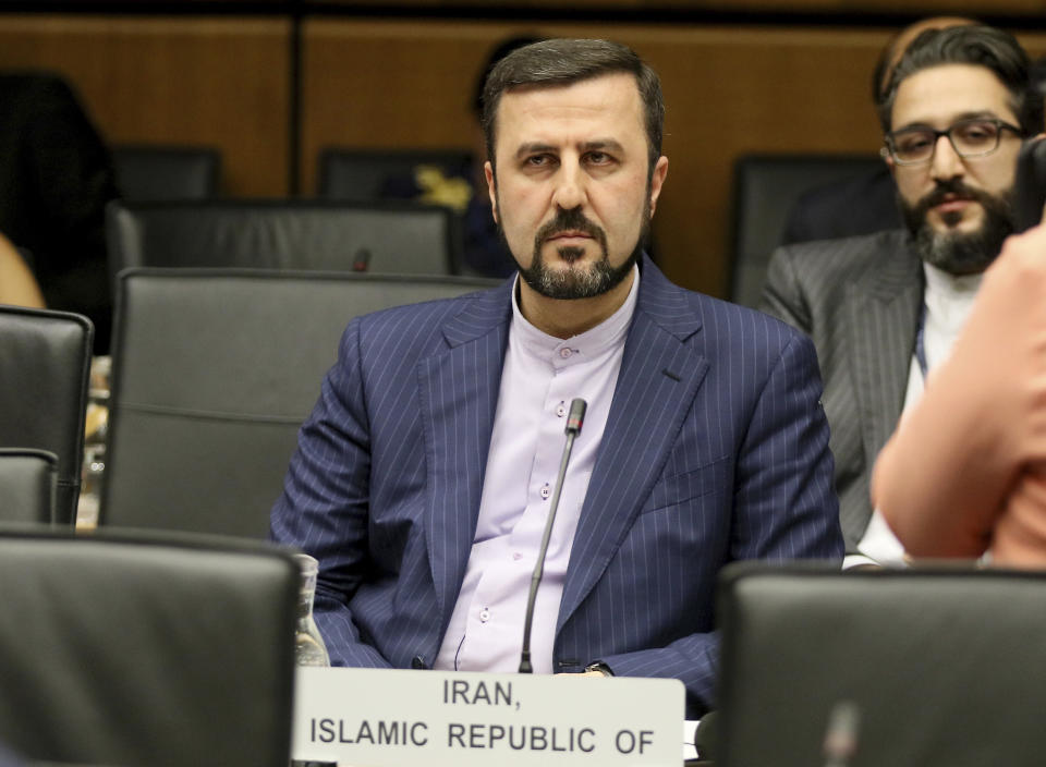 Iran's Ambassador to the International Atomic Energy Agency, IAEA, Gharib Abadi, waits for the start of the IAEA board of governors meeting at the International Center in Vienna, Austria, Wednesday, July 10, 2019. (AP Photo/Ronald Zak)