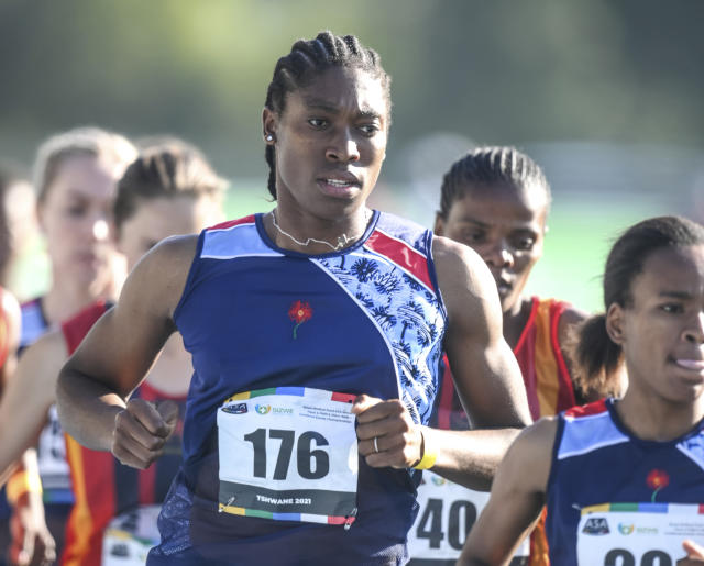 South African long distance athlete Caster Semenya on her way to winning the 5,000 meters at the South African national championships in Pretoria, South Africa, Thursday, April 15, 2021. Semenya said she&#39;s likely to focus on long-distance events for the rest of her career. (AP Photo/Christiaan Kotze)