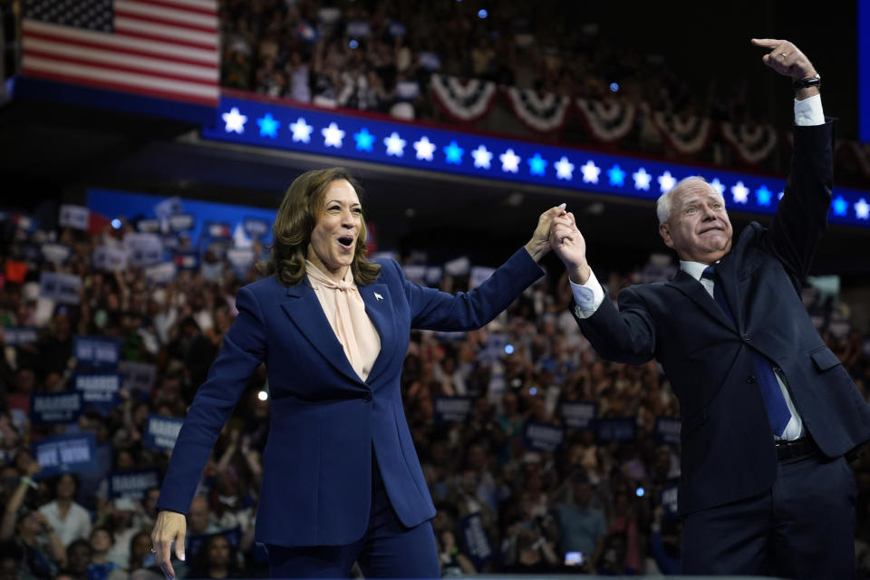 Democratic presidential nominee Vice President Kamala Harris and her running mate Minnesota Gov. Tim Walz speak at a campaign rally in Philadelphia, Tuesday, Aug. 6, 2024. (AP Photo/Matt Rourke)