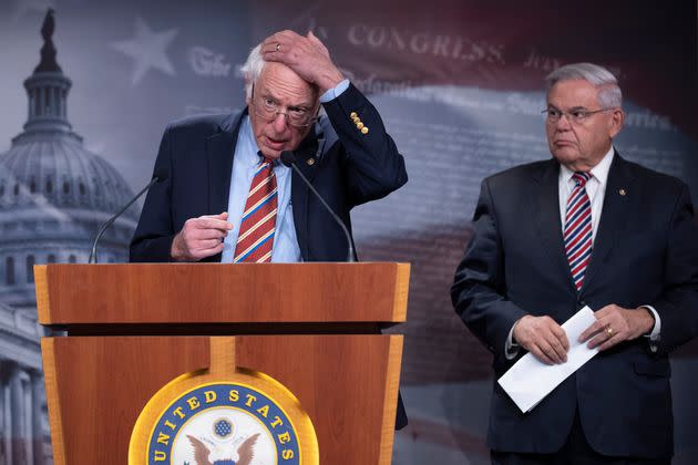 Sens. Bernie Sanders (I-Vt.) and Robert Menendez (D-N.J.) hold a news conference about state and local tax (SALT) deductions as part of the Build Back Better reconciliation legislation at the U.S. Capitol on Nov. 3, 2021. (Photo: Chip Somodevilla via Getty Images)