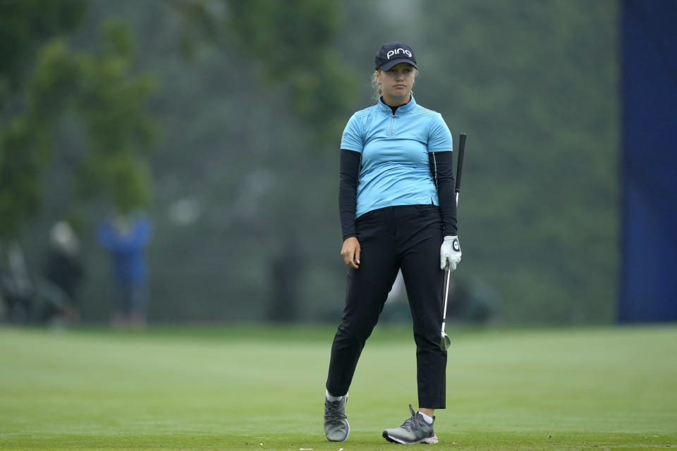 Celine Borge, of Norway, pauses after her shot from the fairway on the fourth hole during the second round of the Women's PGA Championship golf tournament, Friday, June 23, 2023, in Springfield, N.J. (AP Photo/Seth Wenig)
