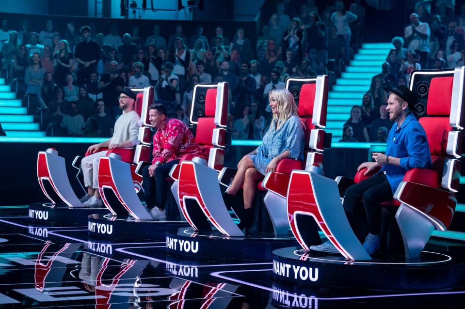 Ein zurückhaltender Projektmanager brachte die Coaches zum Staunen (von links: Mark Forster, Nico Santos, Sarah Connor und Johannes Oerding). (Bild: ProSiebenSAT.1 / Claudius Pflug)