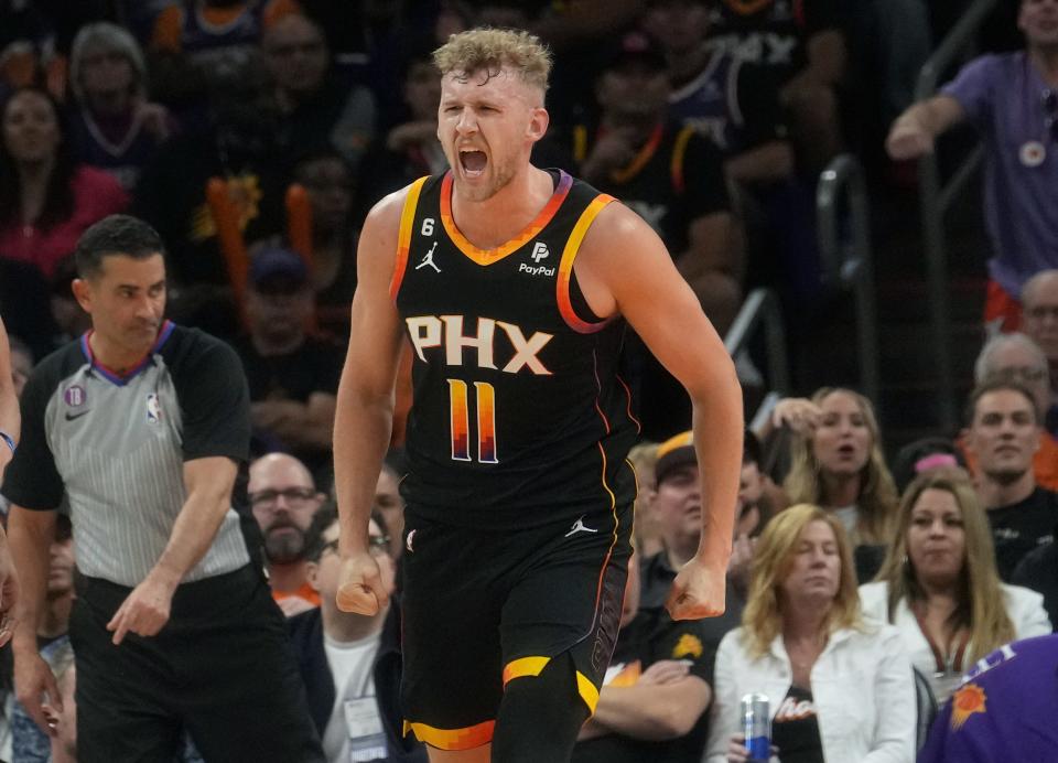 Phoenix Suns center Jock Landale (11) celebrates a defensive stop against the Denver Nuggets during Game 3 of the Western Conference Semifinals at the Footprint Center in Phoenix on May 5, 2023.