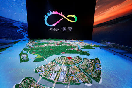 A layout of Hengqin Island under development is displayed inside a Government showroom at Hengqin Island adjacent to Macau, China September 13, 2017. REUTERS/Bobby Yip