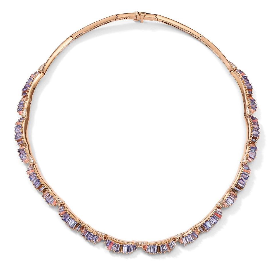 <p><a class="link " href="https://nakarmstrong.com/collections/nak-armstrong-necklaces/products/ruched-necklace-tanzanite?variant=31760717119559" rel="nofollow noopener" target="_blank" data-ylk="slk:SHOP NOW;elm:context_link;itc:0;sec:content-canvas">SHOP NOW</a></p><p>Pale violet tanzanites are complimented with an array of precious gems including peach tourmalines and diamonds in this dazzling collar necklace. </p><p>Gold, tanzanite, peach tourmaline, andalusite and diamond necklace, about £28,130, <a href="https://nakarmstrong.com/collections/nak-armstrong-necklaces/products/ruched-necklace-tanzanite?variant=31760717119559" rel="nofollow noopener" target="_blank" data-ylk="slk:Nak Armstrong;elm:context_link;itc:0;sec:content-canvas" class="link ">Nak Armstrong</a></p>