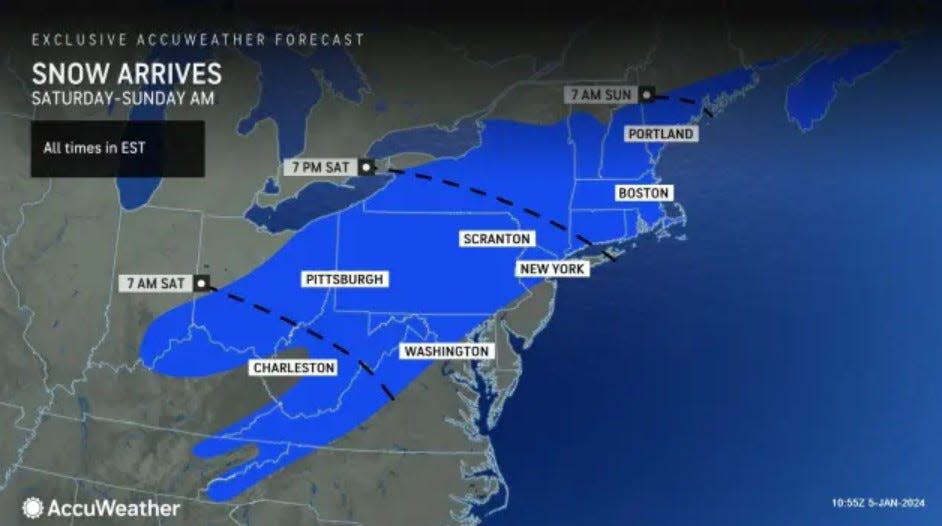 This AccuWeather graphic shows when snow is likely to arrive this weekend.