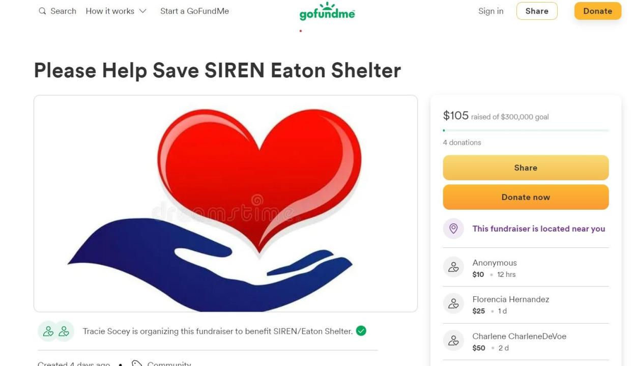 An online fundraiser was established by Tracie Socey, SIREN/Eaton Shelter's volunteer coordinator, after the nonprofit discovered missing funds, she said.