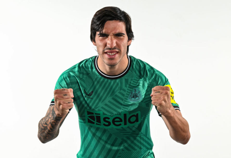 Newcastle United new signing Sandro Tonali poses for photographs at St. James' Park on July 06, 2023 in Newcastle upon Tyne, England.