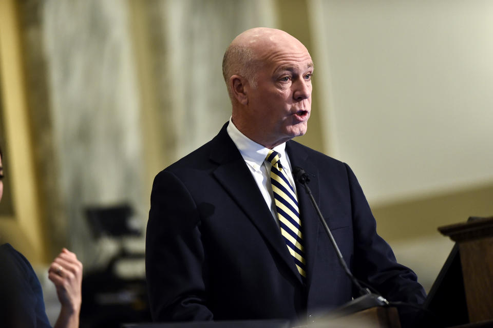 FILE - Gov. Greg Gianforte delivers his State of the State address to a joint session of the Montana Senate and House of Representatives, Jan. 25, 2023, inside the state Capitol in Helena, Mont. Gianforte faces a challenger from the right in the primary election, Tuesday, June 4, 2024. (Thom Bridge/Independent Record via AP, File)