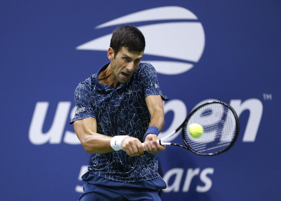 En foto del 9 de septiembre del 2018 Novak Djokovic en la final del Abierto de Estados Unidos ante Juan Martín del Potro. El 9 de junio del 2020 Hay muchas dudas sobre el que podría ser el primer “grande” de la temporada que se vio interrumpida por el COVID-19. Novak Djokovic no está de acuerdo con algunas medidas que podría tomar el torneo y Rafael Nadal no está seguro si buscará defender su título. (AP Photo/Adam Hunger, File)