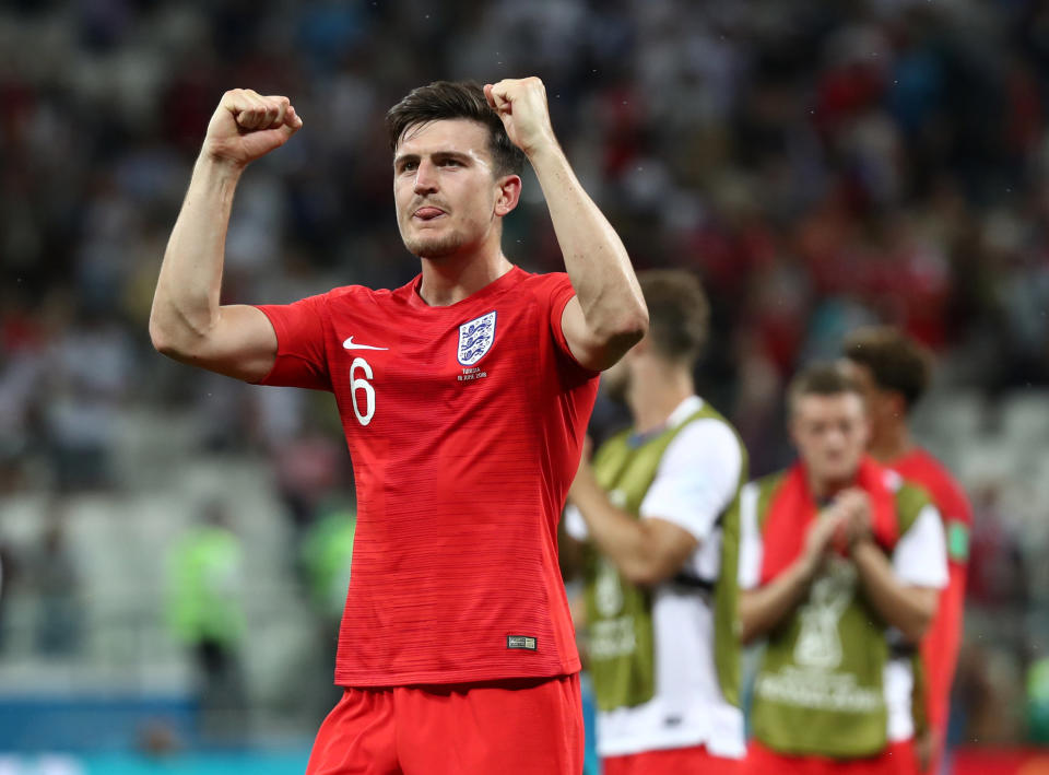 What a performance: England’s Harry Maguire celebrates after the match