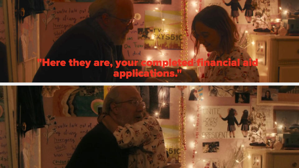 Lady Bird's dad giving her her completed financial aid applications and them hugging