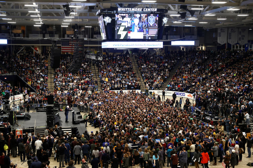 Sen. Bernie Sanders speaks at a campaign rally and concert at the University of New Hampshire one day before the New Hampshire presidential primary election in Durham, New Hampshire, U.S., February 10, 2020. (Mike Segar/Reuters)