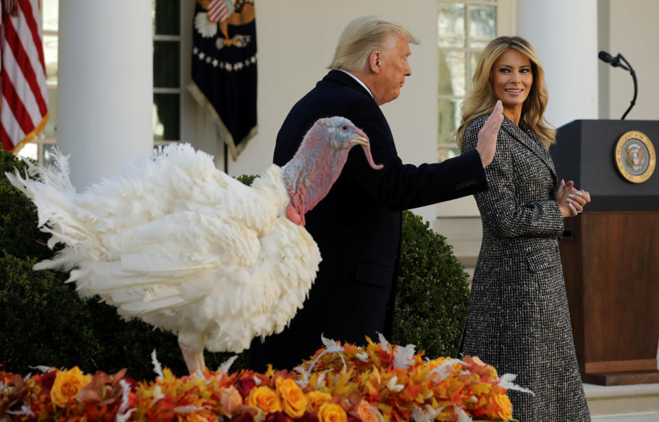 President Trump and first lady Melania Trump leave the Rose Garden after pardoning the national Thanksgiving turkey on Tuesday. (Photo by Chip Somodevilla/Getty Images)