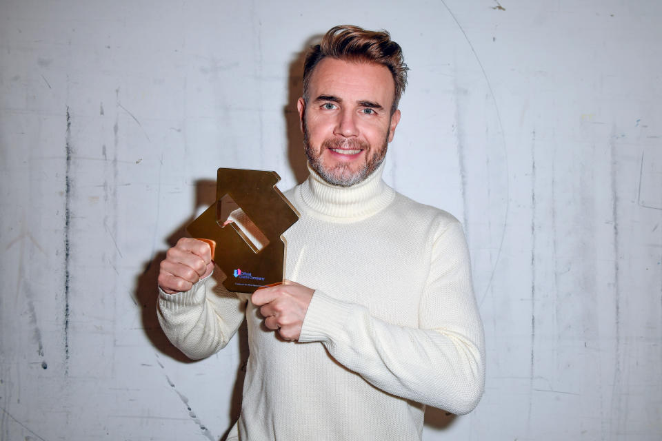 LONDON, ENGLAND - DECEMBER 04: Gary Barlow celebrates 'Music Played By Humans' becoming his third UK Number One album on December 04, 2020 in London, England. (Photo by MelMedia/Getty Images)