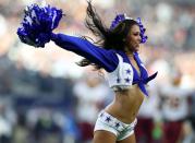 <p>A Dallas Cowboys cheerleader performs on the field during the game against the Washington Redskins at AT&T Stadium on November 24, 2016 in Arlington, Texas. (Photo by Tom Pennington/Getty Images) </p>