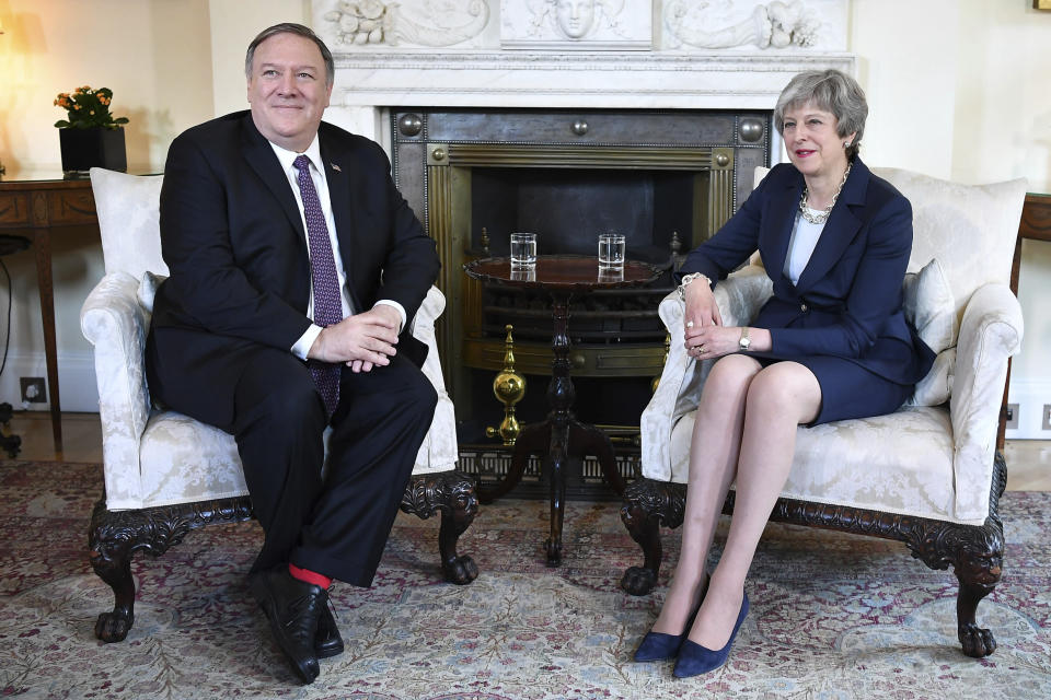 US Secretary of State Mike Pompeo meets with Britain's Prime Minister Theresa May, right, at 10 Downing Street in central London, Wednesday May 8, 2019. U.S. Secretary of State Mike Pompeo is in London for talks with British officials on the status of the special relationship between the two nations amid heightened tensions with Iran and uncertainty over Britain's exit from the European Union. (Mandel Ngan/Pool via AP)