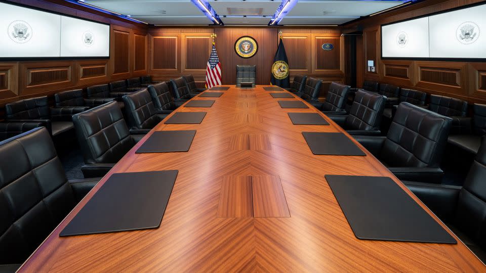 The main meeting room table is seen in the newly renovated White House Situation Room, in a White House handout photo taken in the West Wing of the White House in Washington, DC. - Carlos Fyfe/The White House/Reuters