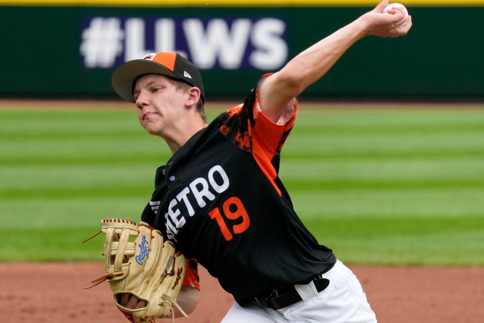 Smithfield, R.I.'s Connor Curtis delivers during the first inning of a baseball game against Henderson, Nev., at the Little League World Series in South Williamsport, Pa., Wednesday, Aug. 16, 2023. (AP Photo/Gene J. Puskar)