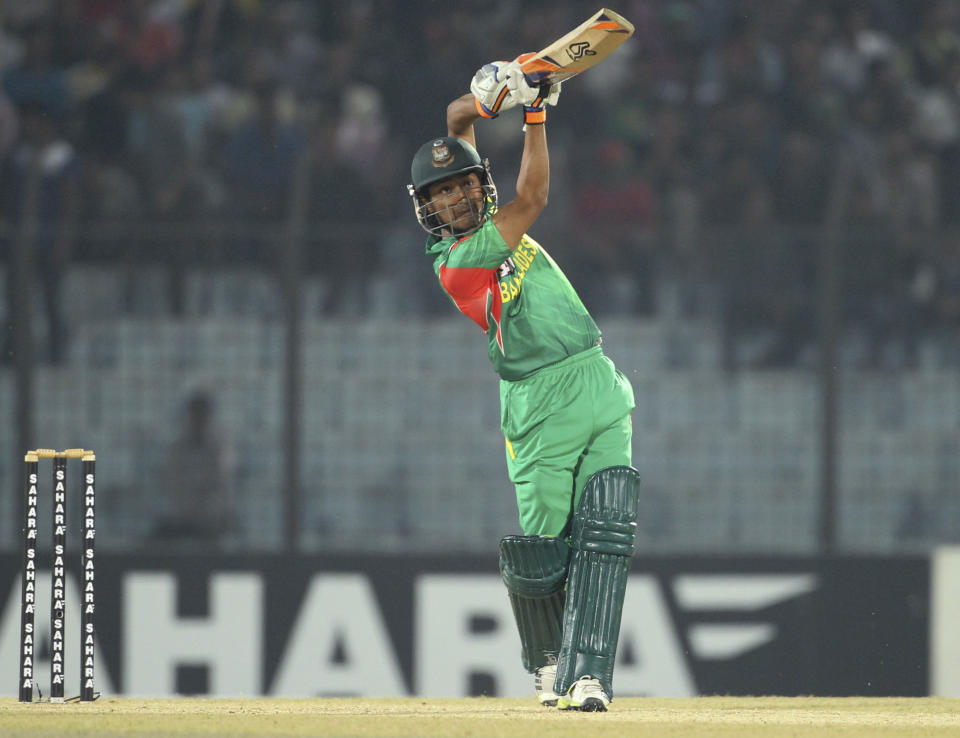 Bangladesh's Anamul Haque plays a shot during the first Twenty 20 cricket match against Sri Lanka in Chittagong, Bangladesh, Wednesday, Feb. 12, 2014. Sri Lanka won by 2 runs. (AP Photo)