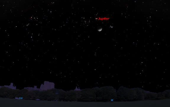 This sky map shows the location of Jupiter and the moon at 9 p.m. local time in the western sky on Feb. 17, 2013, as viewed from mid-northern latitudes.