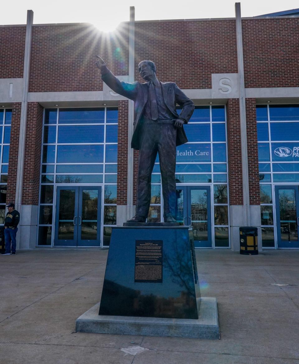 A statue of former coach Norm Stewart before a game between the Missouri Tigers and Southeast Missouri State Redhawks at Mizzou Arena.