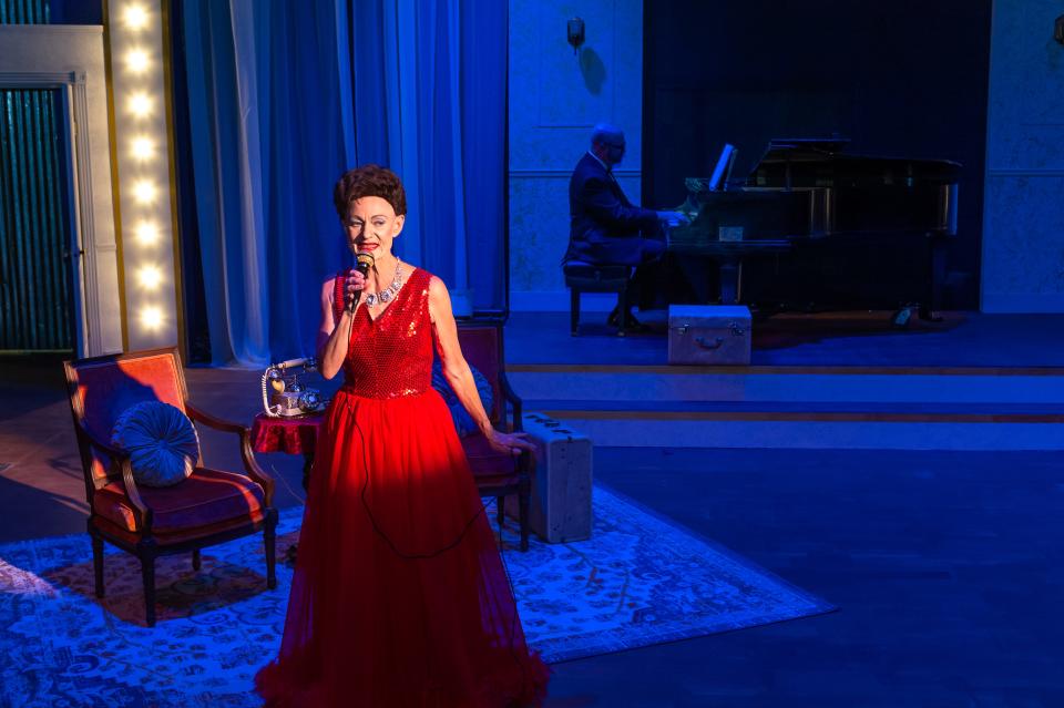 Jo Smith as Judy Garland with Jacob Miller as Anthony perform in the Amarillo Little Theatre production of "End of the Rainbow."