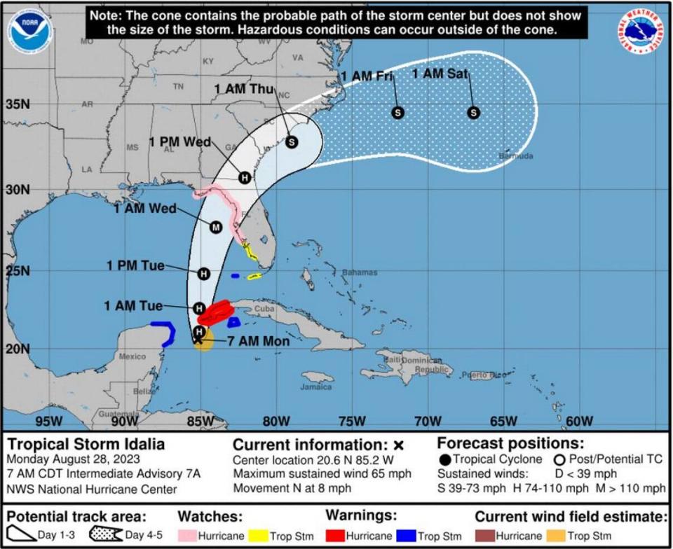 National Hurricane Center Advisory 7A for Tropical Storm Idalia on Monday, Aug. 28, 2023.