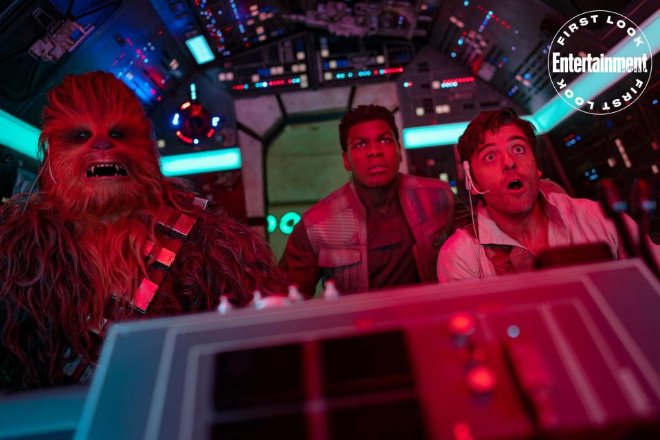 Chewie, Poe, and Finn <a href="https://ew.com/movies/2019/11/18/poe-dameron-millennium-falcon-rise-of-skywalker/" rel="nofollow noopener" target="_blank" data-ylk="slk:take a ride in the Millennium Falcon;elm:context_link;itc:0;sec:content-canvas" class="link ">take a ride in the Millennium Falcon</a>.