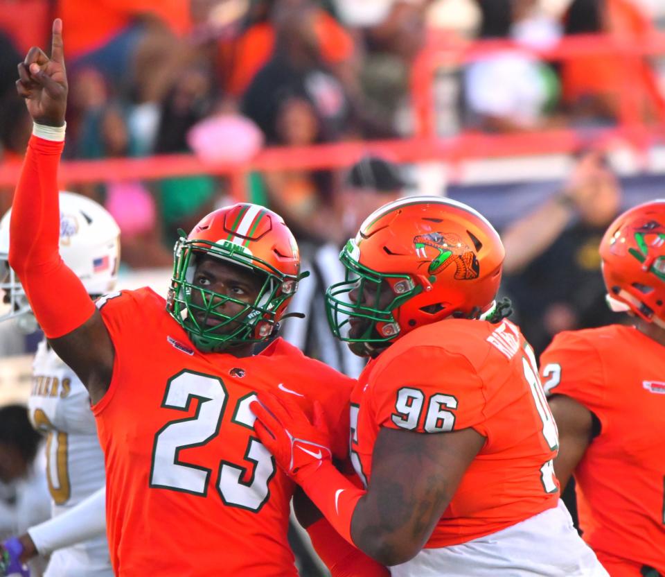 Florida A&M defensive linemen Allen Smith Jr. (left) and Makody Robertson celebrates a play against the Prairie View A&M Panthers at the Rattlers' homecoming football game at Ken Riley Field at Bragg Memorial Stadium in Tallahassee, Florida on Saturday, October 28, 2023.