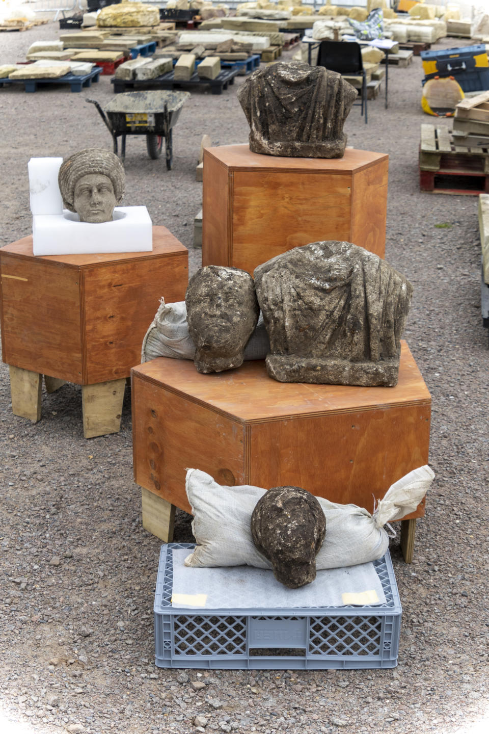 EMBARGOED TO 0001 FRIDAY OCTOBER 29 Undated handout photo issued by HS2 of a parts of roman statues uncovered at the dig site at St Mary's Church, Stoke Mandeville. Archaeologists in Buckinghamshire working on the HS2 project have uncovered a set of incredible rare Roman statues and a hexagonal glass Roman jug, thought to be over 1,000 years old, whilst excavating a Norman Church in Stoke Mandeville. Issue date: Friday October 29, 2021.