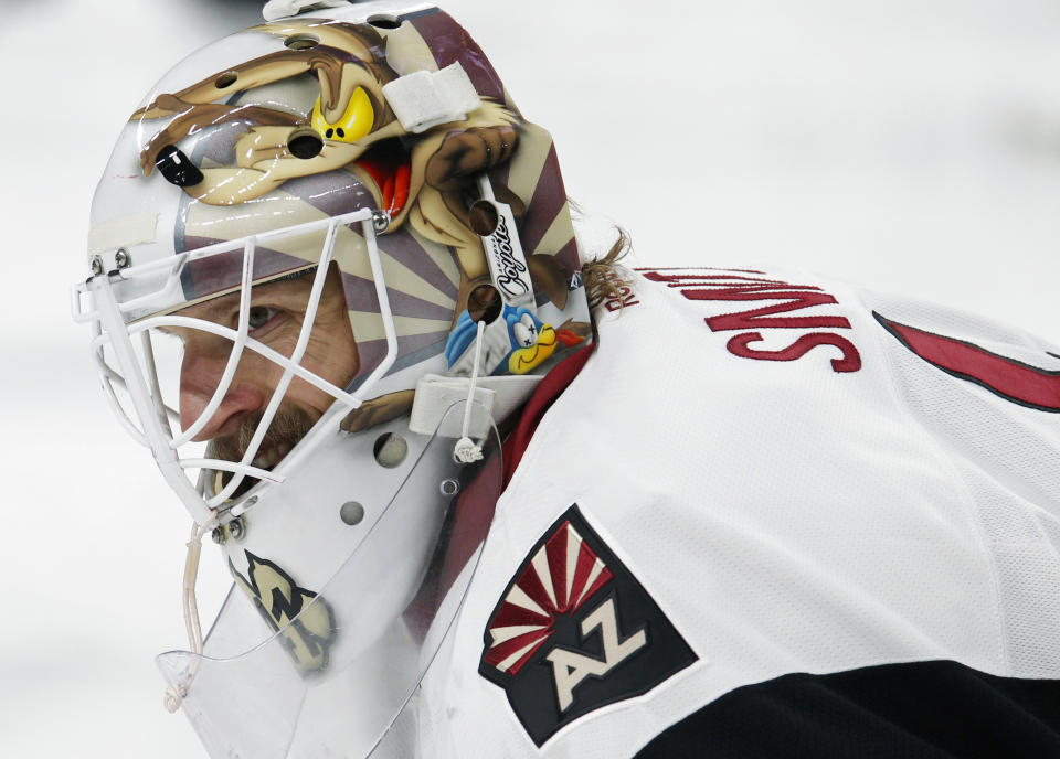 Arizona Coyotes goalie Mike Smith (41) looks on prior to the first period of an NHL hockey game against the Buffalo Sabres, Thursday, March. 2, 2017, in Buffalo, N.Y. (AP Photo/Jeffrey T. Barnes)