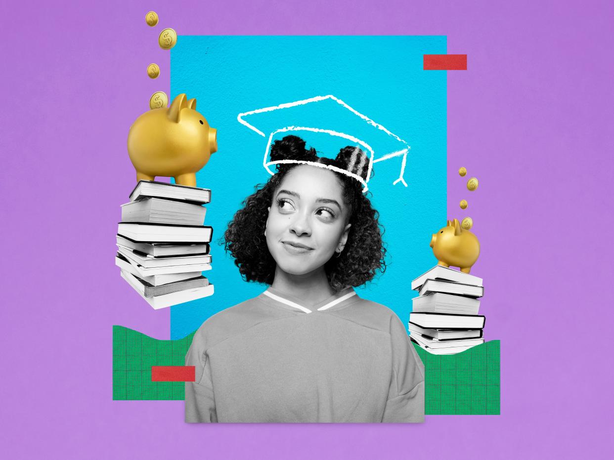 non-binary student with piggy bank and book, wearing mortarboard