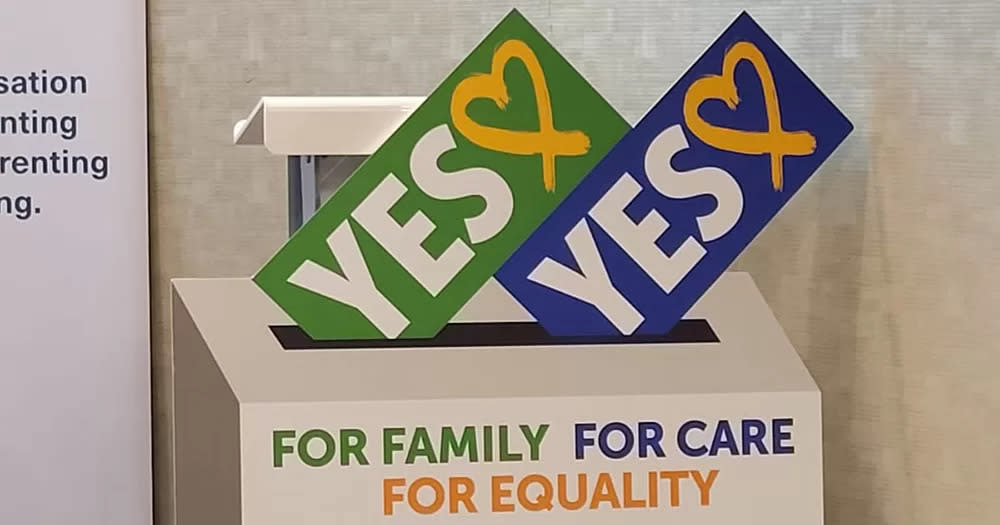 This article is about an opinion poll surrounding the upcoming referendums. The image is of a promotional sign for the Yes Yes campaign, which shows two Yes votes being places in a ballot box.