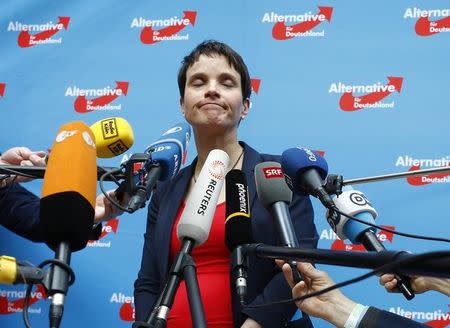 AFD chairwoman Frauke Petry, Germany's anti-immigration party Alternative for Germany (AFD) speaks to the press during the AFD's party congress in Cologne Germany, April 22, 2017. REUTERS/Wolfgang Rattay