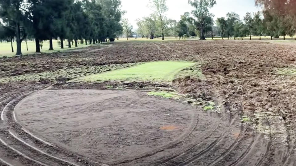 Dunedoo golf course, pictured here after it was destroyed by a vandal on a tractor.