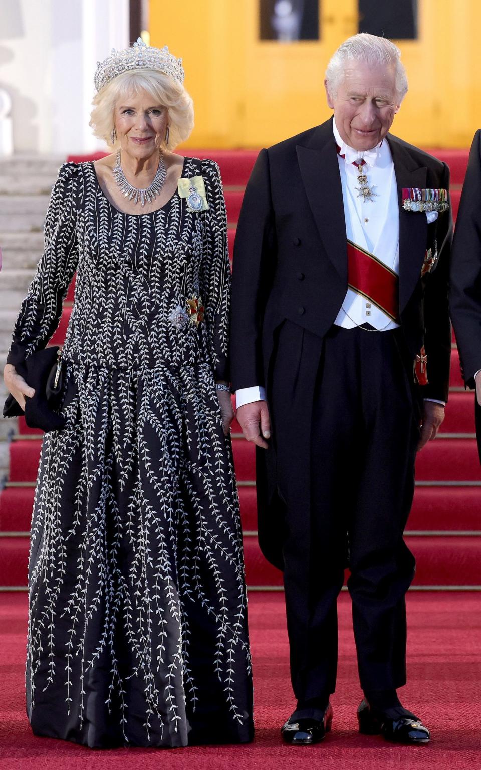 In a similar silhouette, also designed by Bruce Oldfield, at a state banquet in Berlin