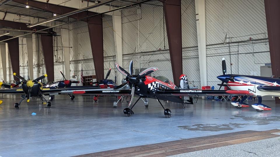 A MX Aircraft MXS, owned and flown by Rob Holland, sits in Hangar 509 at the Salina Regional Airport. Holland is competing in the 2023 U.S. National Aerobatic Championships after being the 2022 champion in the unlimited power category.