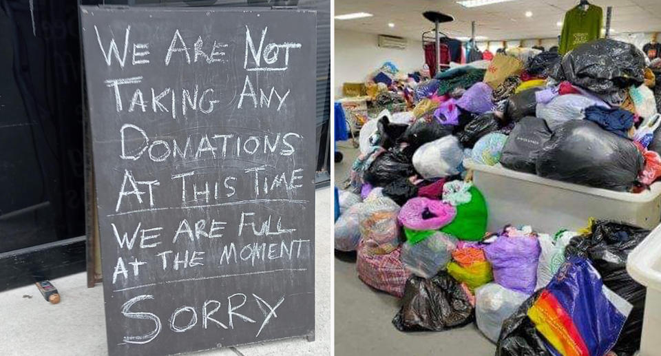 Donation sign outside charity store (left) piles of clothing bags inside charity shop (right)