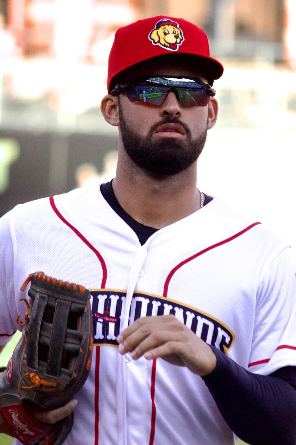 Toledo Mud Hens outfielder Riley Greene, the Detroit Tigers' top prospect, jogs into the dugout during a game against the Iowa Cubs on Tuesday, June 7, 2022, at Fifth Third Field in Toledo, Ohio.