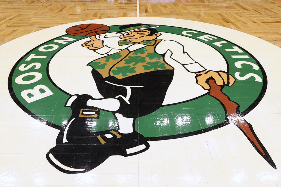 May 15, 2022; Boston, Massachusetts, USA; The Boston Celtics logo is seen at center court before game seven of the second round of the 2022 NBA playoffs between the Boston Celtics and the <a class="link " href="https://sports.yahoo.com/nba/teams/milwaukee/" data-i13n="sec:content-canvas;subsec:anchor_text;elm:context_link" data-ylk="slk:Milwaukee Bucks;sec:content-canvas;subsec:anchor_text;elm:context_link;itc:0">Milwaukee Bucks</a> at TD Garden. Mandatory Credit: Winslow Townson-USA TODAY Sports