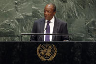 Guinea's President Alpha Conde addresses the 74th session of the United Nations General Assembly, Wednesday, Sept. 25, 2019. (AP Photo/Richard Drew)